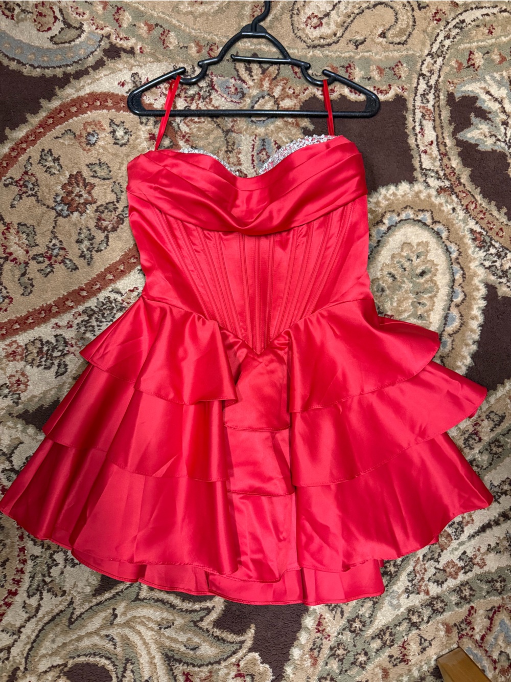 Red Satin Tiered Peplum Prom Dress with Sweetheart Neckline